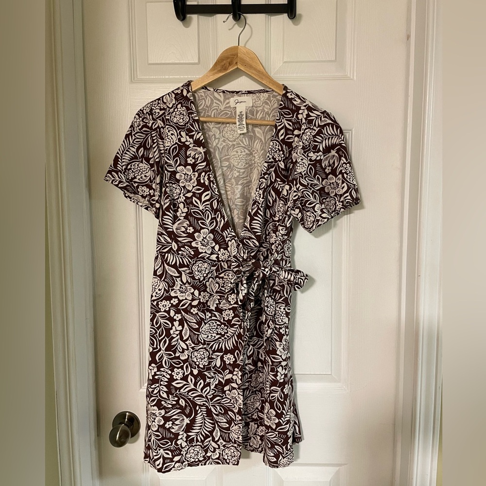 Japna Brown and White Floral Mini Wrap Dress